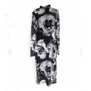 B FAMOUS Floral Print Long Sleeve Maxi Dress S, High Neck Black & White. NWOT